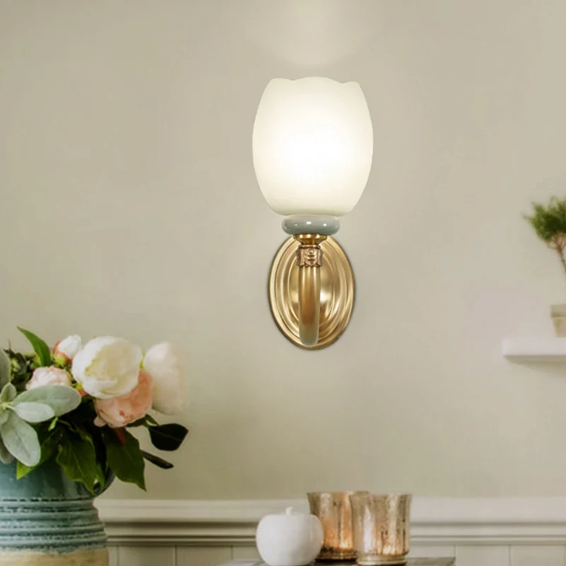 Opaline glazen bloemblaadje wandlamp vintage stijl 1/2-licht woonkamer blaker lichtarmatuur messing Clearhalo