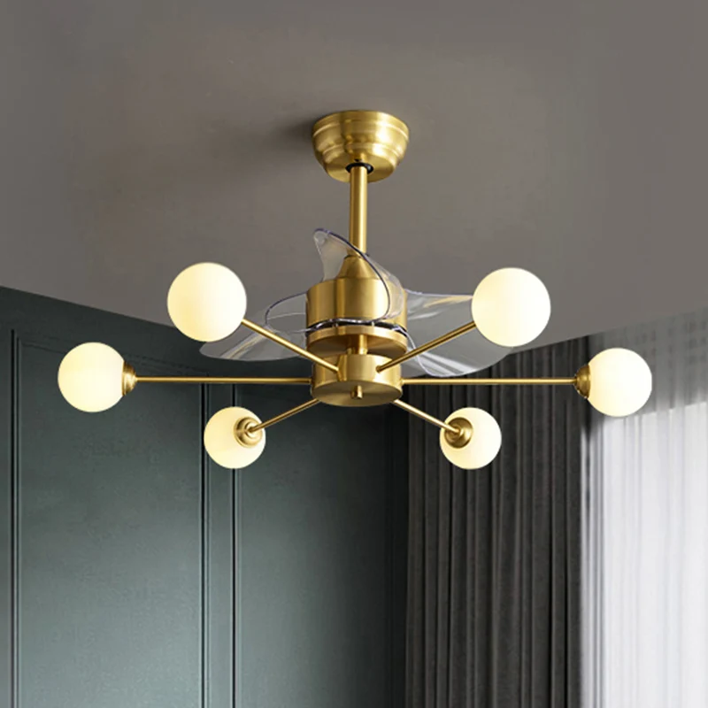 34" W opaline glazen bol semi-inbouwverlichting postmodern messing afstandsbediening plafondventilatorlicht met 3 bladen C...