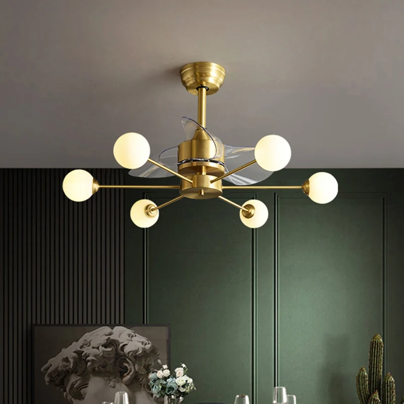 34" W opaline glazen bol semi-inbouwverlichting postmodern messing afstandsbediening plafondventilatorlicht met 3 bladen C...