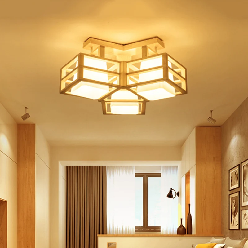 Opaline mat glazen kubusplafondlamp Modern 3-kops beige semi-inbouwverlichting met houten kooibeschermer Clearhalo