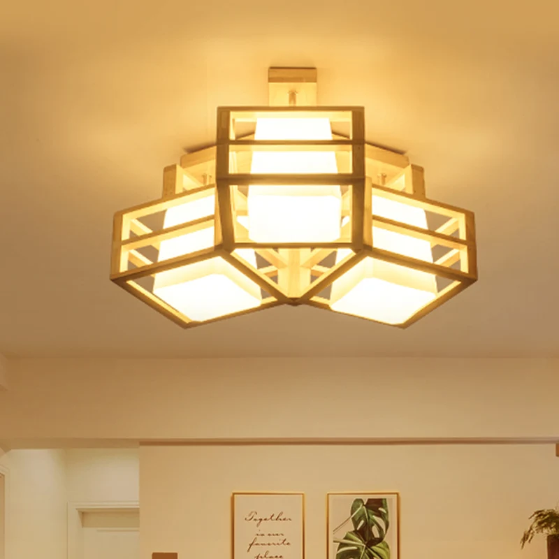 Opaline mat glazen kubusplafondlamp Modern 3-kops beige semi-inbouwverlichting met houten kooibeschermer Clearhalo