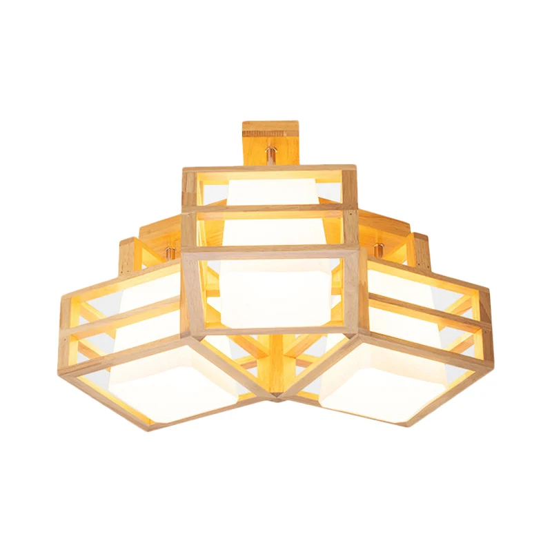 Opaline mat glazen kubusplafondlamp Modern 3-kops beige semi-inbouwverlichting met houten kooibeschermer Clearhalo