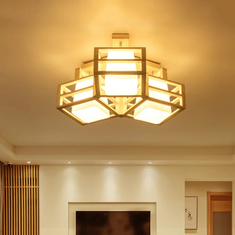 Opaline mat glazen kubusplafondlamp Modern 3-kops beige semi-inbouwverlichting met houten kooibeschermer Clearhalo