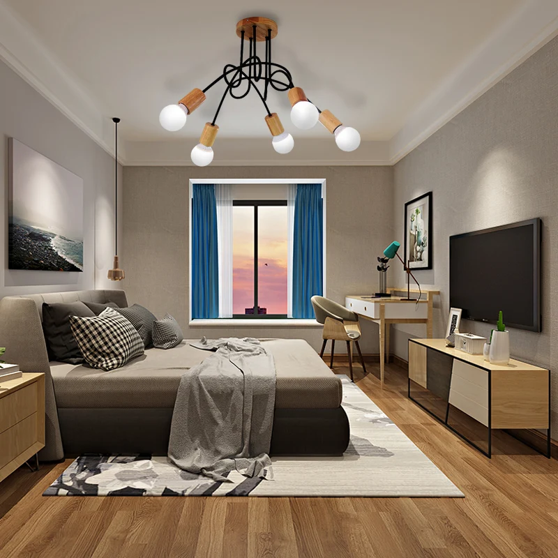 Open Lamp Metaal Plafond Inbouw Loft Industriële 3/5 Lichten Indoor Semi Mount Verlichting met Houten Kap Clearhalo