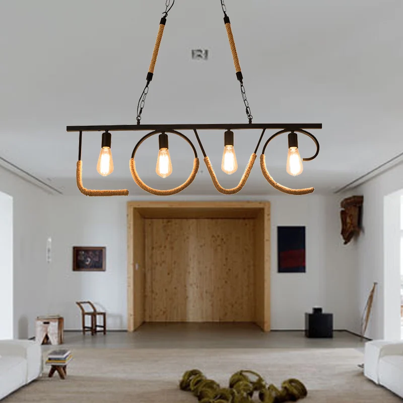 Open lamp metaal en touw eilandlamp met LOVE Design Industriële 4 lampen Restaurant eilandverlichting beige Clearhalo