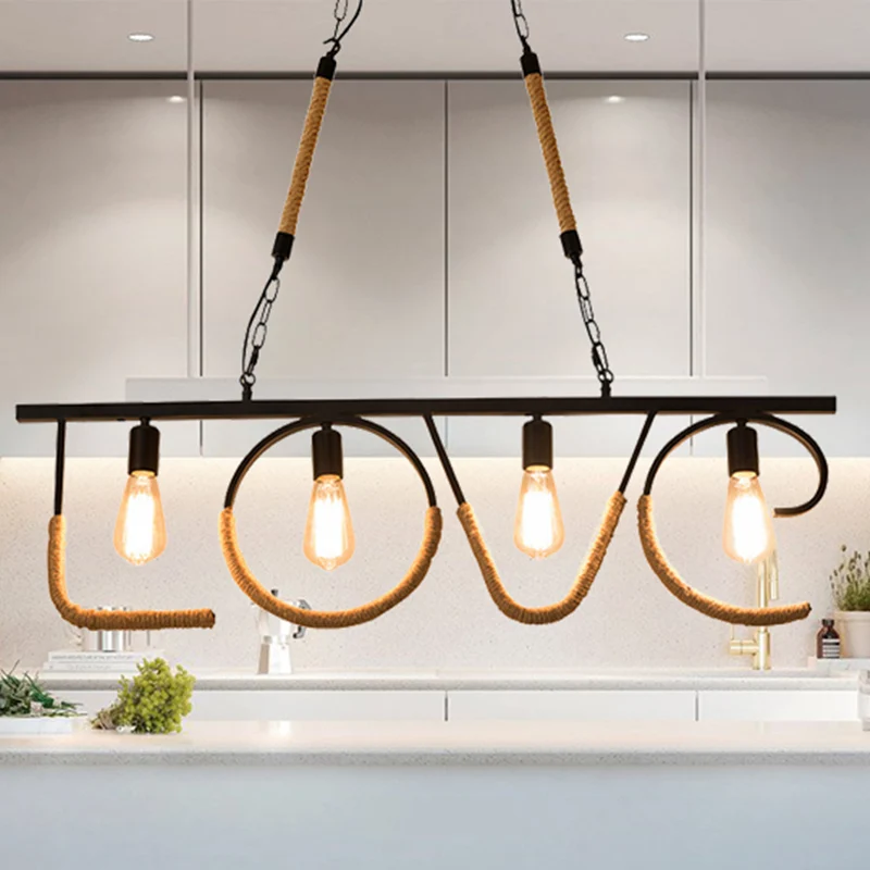 Open lamp metaal en touw eilandlamp met LOVE Design Industriële 4 lampen Restaurant eilandverlichting beige Clearhalo