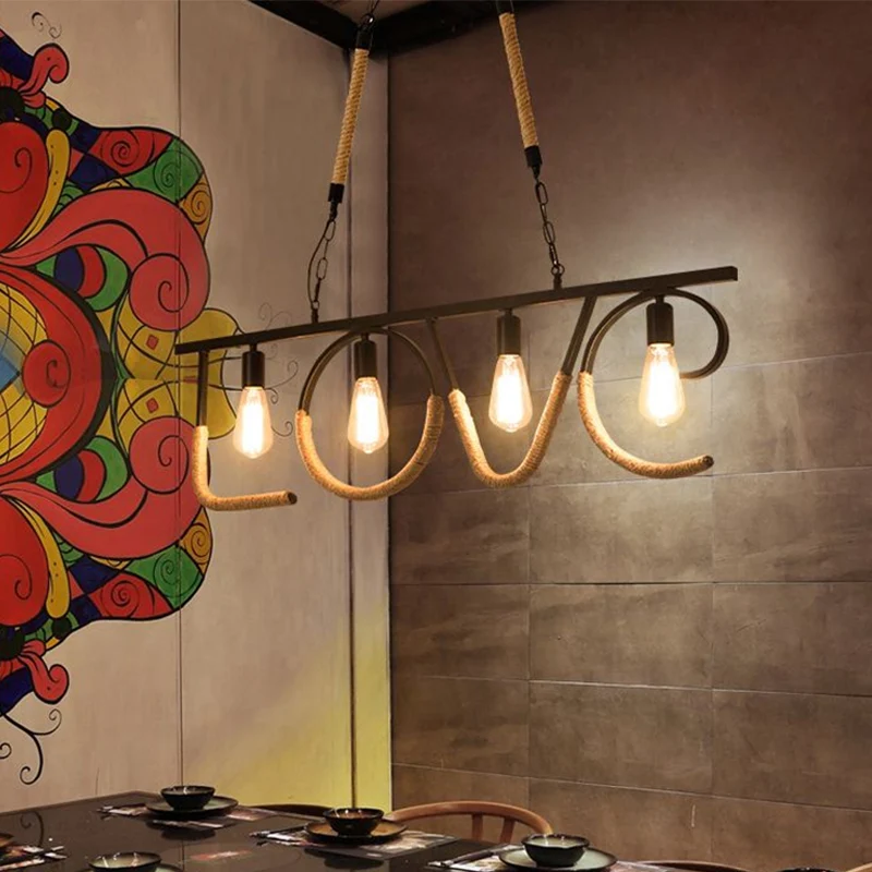 Open lamp metaal en touw eilandlamp met LOVE Design Industriële 4 lampen Restaurant eilandverlichting beige Clearhalo