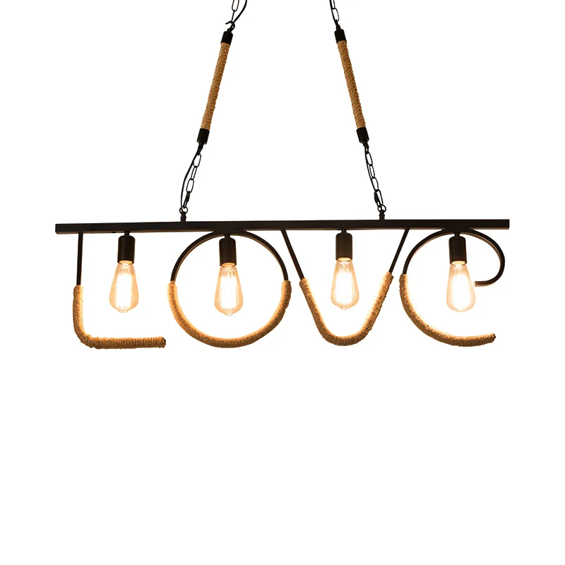 Open lamp metaal en touw eilandlamp met LOVE Design Industriële 4 lampen Restaurant eilandverlichting beige Clearhalo