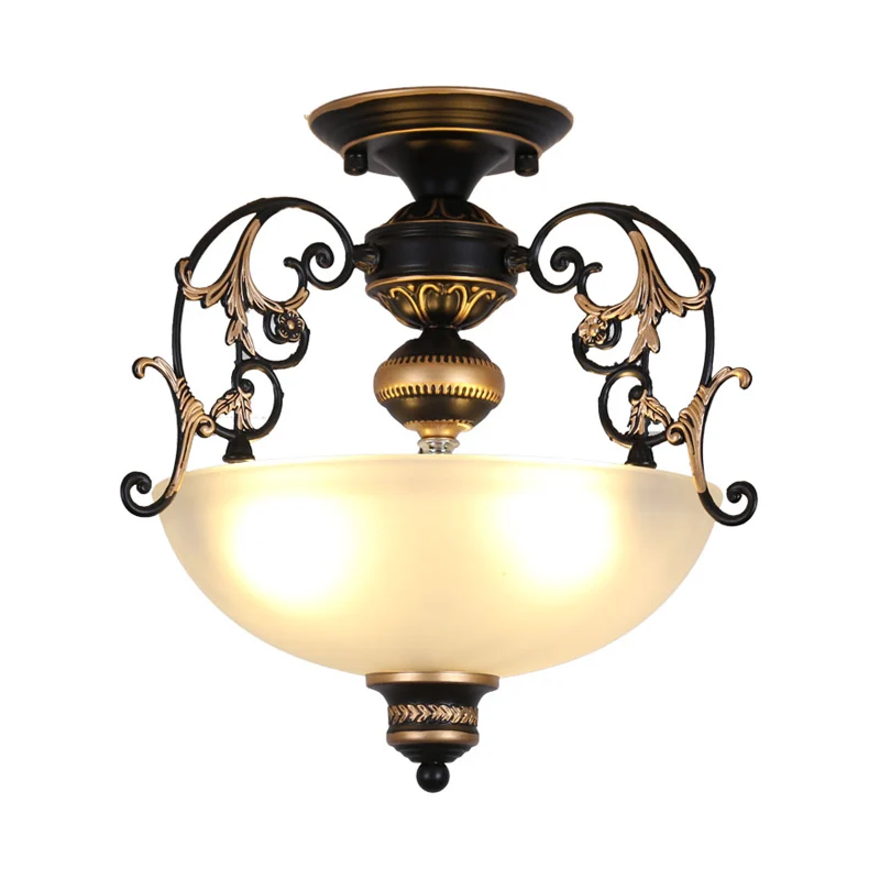 Open-Top Bowl Pathway-plafondlamp Antiek opaalglas 3-lichts zwarte semi-gemonteerde verlichting met gedraaide arm Clearhalo