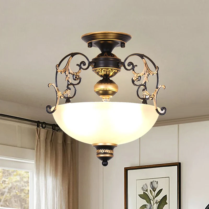 Open-Top Bowl Pathway-plafondlamp Antiek opaalglas 3-lichts zwarte semi-gemonteerde verlichting met gedraaide arm Clearhalo