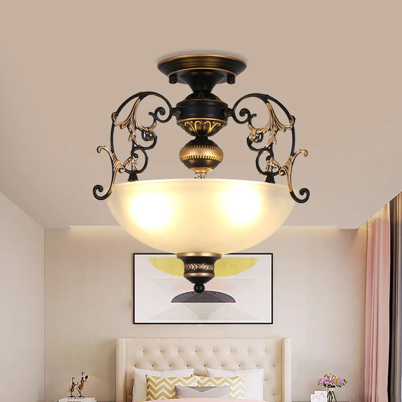 Open-Top Bowl Pathway-plafondlamp Antiek opaalglas 3-lichts zwarte semi-gemonteerde verlichting met gedraaide arm Clearhalo