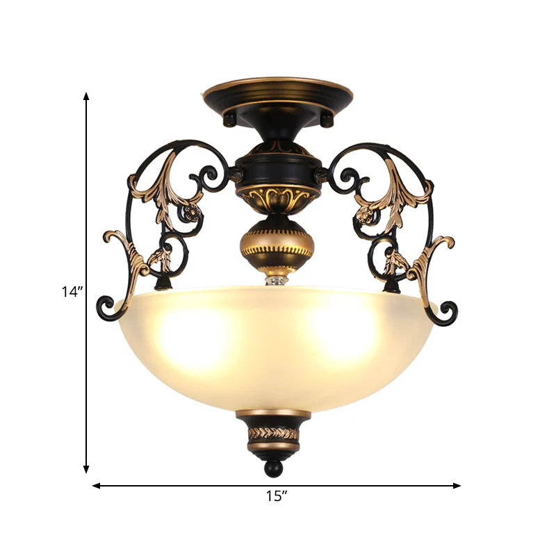 Open-Top Bowl Pathway-plafondlamp Antiek opaalglas 3-lichts zwarte semi-gemonteerde verlichting met gedraaide arm Clearhalo