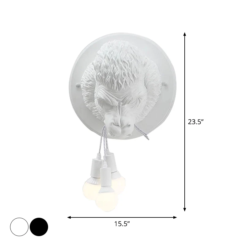 Orang-oetan hoofd wandgemonteerde lamp decoratieve hars 3 lampen zwart/witte wandkandelaar voor veranda Clearhalo