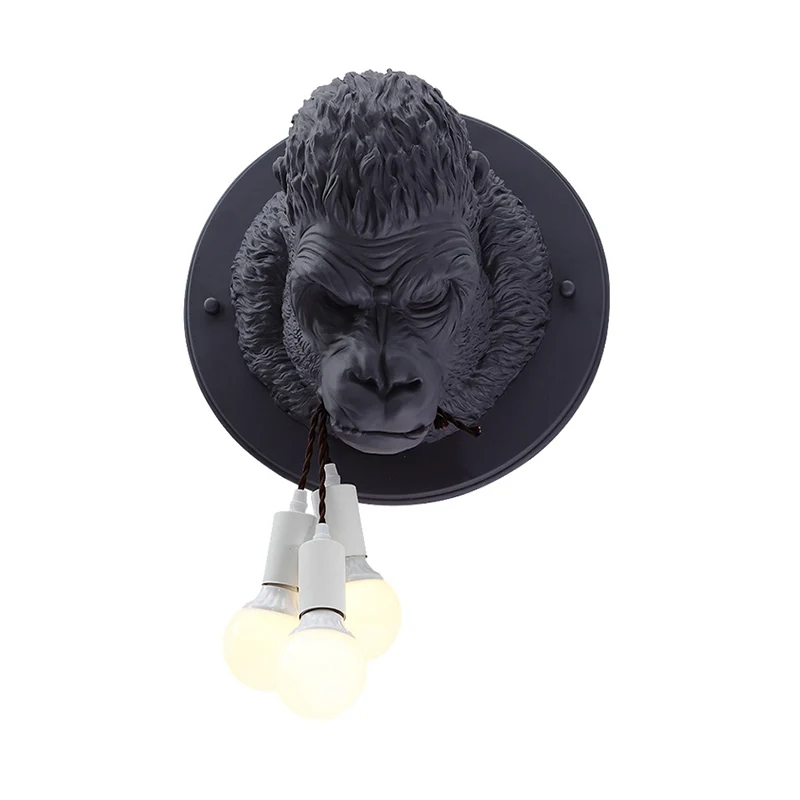 Orang-oetan hoofd wandgemonteerde lamp decoratieve hars 3 lampen zwart/witte wandkandelaar voor veranda Clearhalo