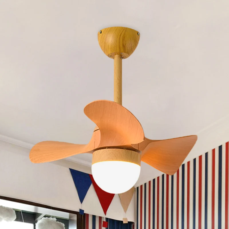 Oranje kleine semi-inbouw plafondventilator Macaron Wood 23" brede LED-inbouwlamp, 3 bladen Clearhalo
