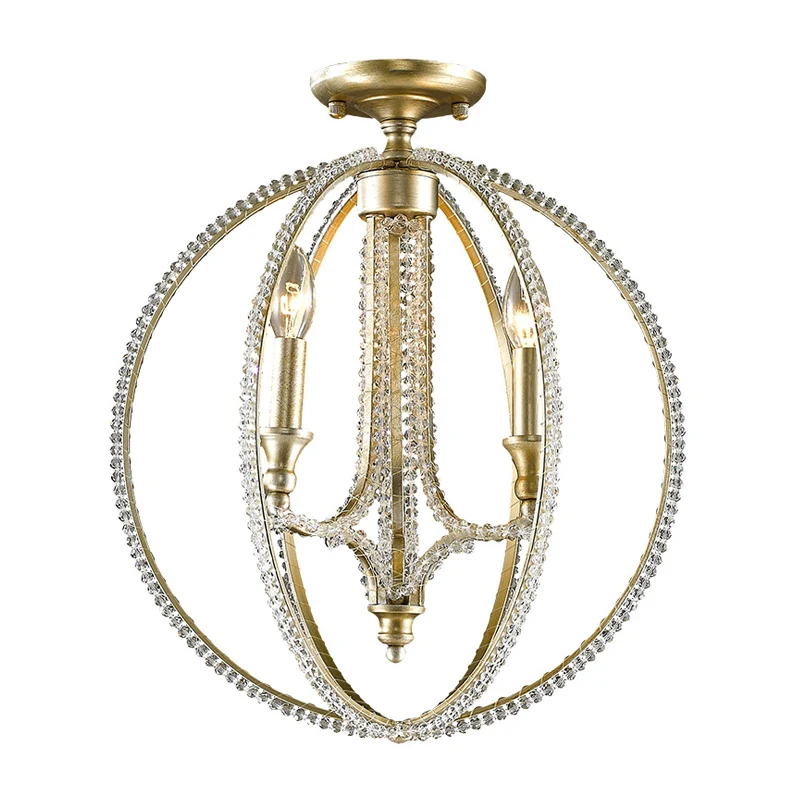 Orb Frame semi-inbouwlamp modernisme metaal en kristal 3-lichts gouden plafondlamp Clearhalo