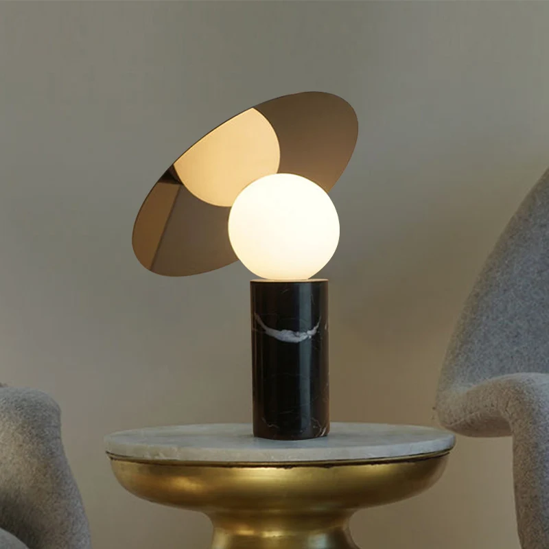 Orb Nachtkastje Lamp Wit Glas 1 Kop Moderne Bureaulamp met Cilinder Zwart Marmeren Voet Clearhalo