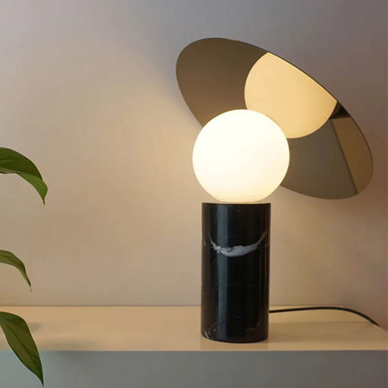 Orb Nachtkastje Lamp Wit Glas 1 Kop Moderne Bureaulamp met Cilinder Zwart Marmeren Voet Clearhalo