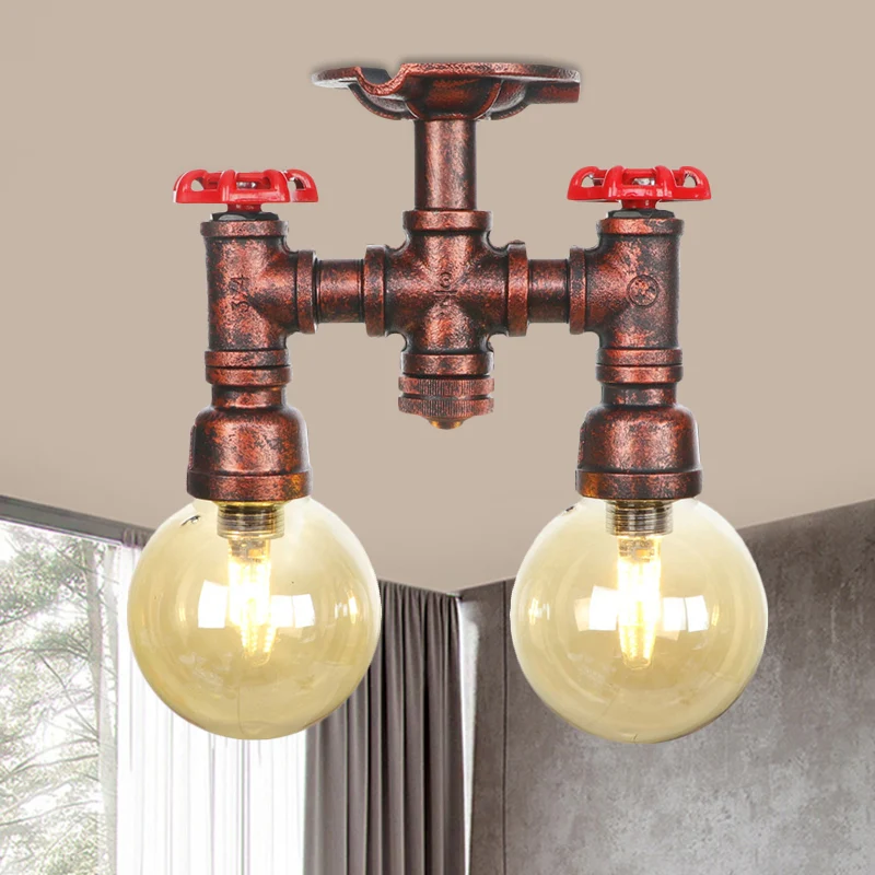 Orb Restaurant Semi-inbouwlamp Rustiek amberglas 2-lichts koperen inbouwlamp Clearhalo