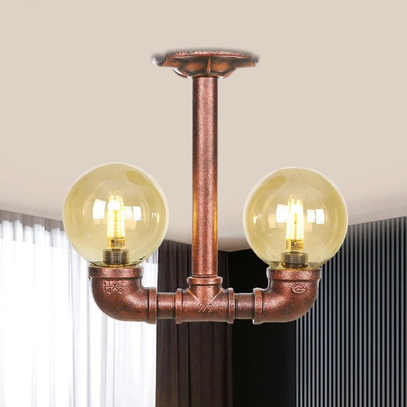 Orb Restaurant Semi-inbouwlamp Rustiek amberglas 2-lichts koperen inbouwlamp Clearhalo