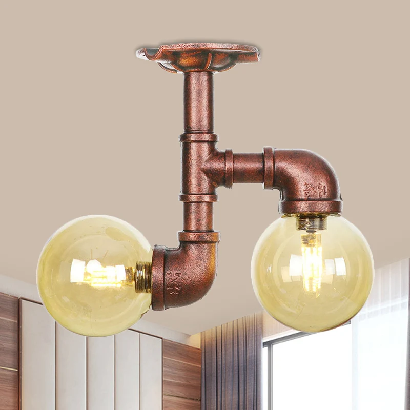 Orb Restaurant Semi-inbouwlamp Rustiek amberglas 2-lichts koperen inbouwlamp Clearhalo