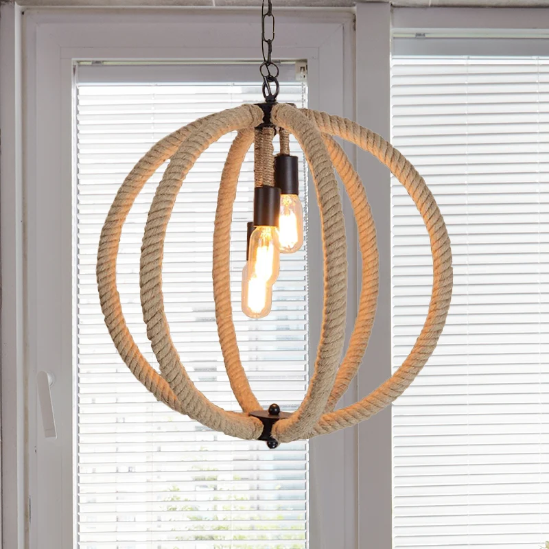 Orb Shade Hal Kroonluchter Hanglamp Retro-stijl Henneptouw 3 Lichten Beige Plafondlamp Clearhalo