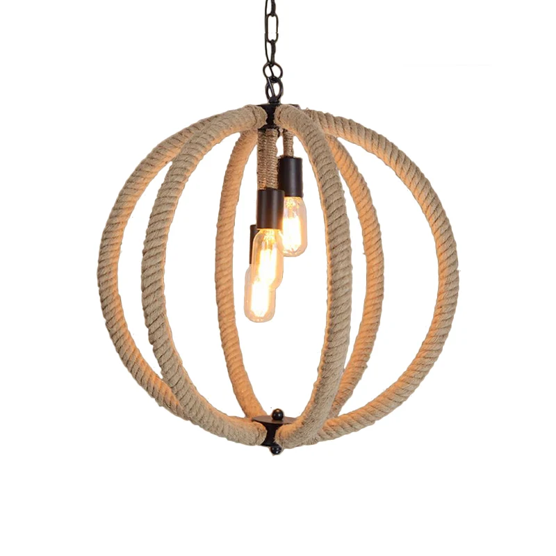 Orb Shade Hal Kroonluchter Hanglamp Retro-stijl Henneptouw 3 Lichten Beige Plafondlamp Clearhalo