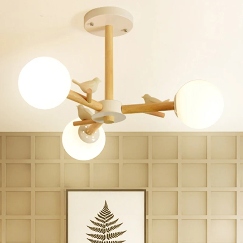Orb Shade Slaapkamerkroonluchter met vogelhoutglas Japanse stijl hanglamp wit Clearhalo