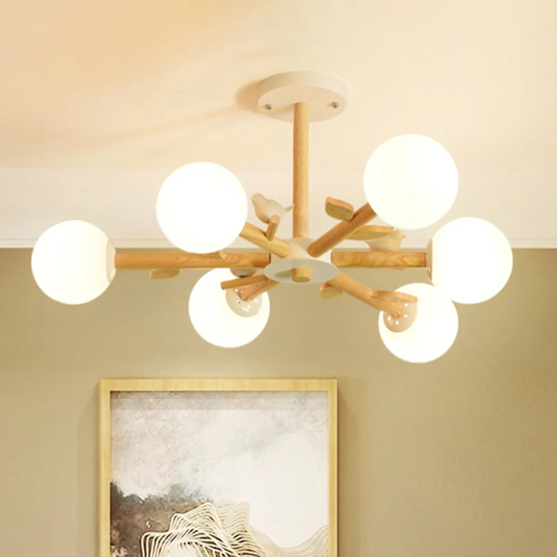 Orb Shade Slaapkamerkroonluchter met vogelhoutglas Japanse stijl hanglamp wit Clearhalo