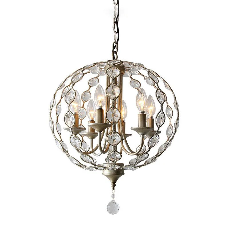 Oude zilveren bolvormige kroonluchterverlichting Traditionele 6-kops kristallen hanglamp met verstelbare metalen ketting C...