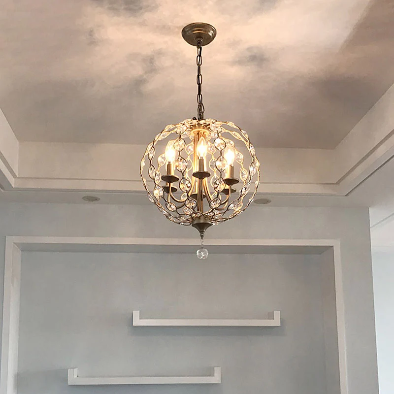 Oude zilveren bolvormige kroonluchterverlichting Traditionele 6-kops kristallen hanglamp met verstelbare metalen ketting C...