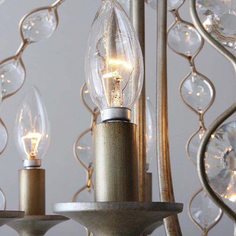 Oude zilveren bolvormige kroonluchterverlichting Traditionele 6-kops kristallen hanglamp met verstelbare metalen ketting C...