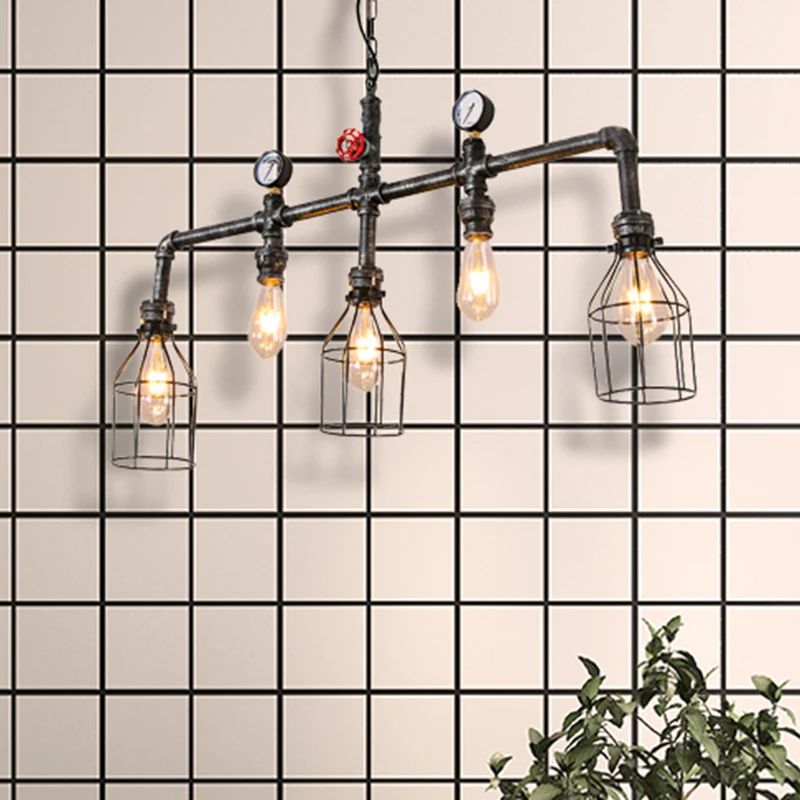 Oude zilveren eilandverlichting met 5 lampen, industriële metalen gekooide hanglamp met pijp en manometer Clearhalo