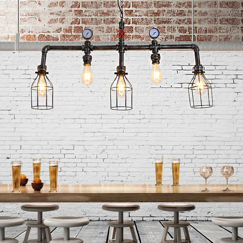 Oude zilveren eilandverlichting met 5 lampen, industriële metalen gekooide hanglamp met pijp en manometer Clearhalo