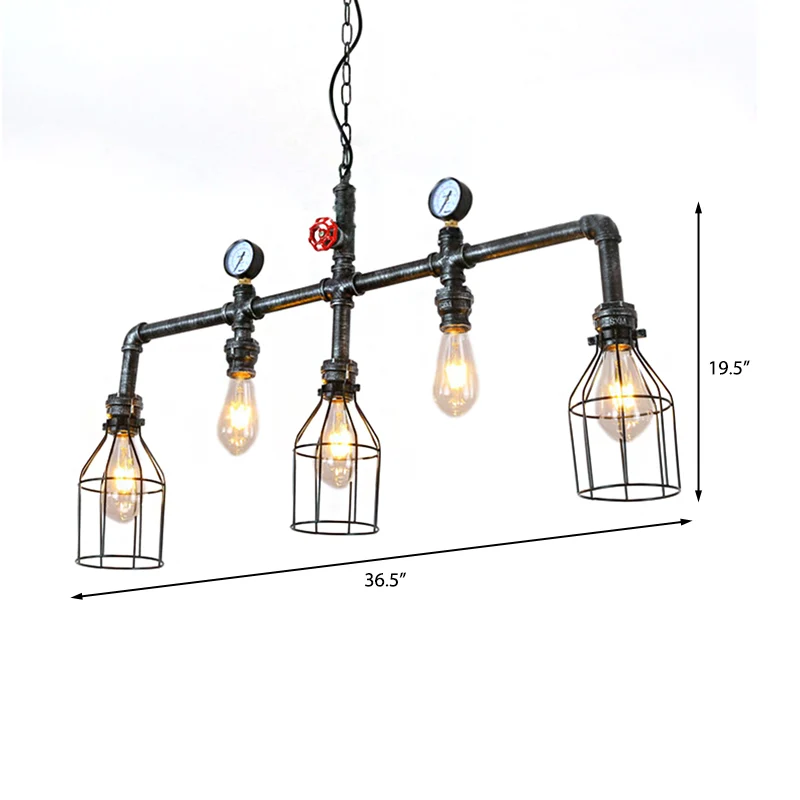 Oude zilveren eilandverlichting met 5 lampen, industriële metalen gekooide hanglamp met pijp en manometer Clearhalo