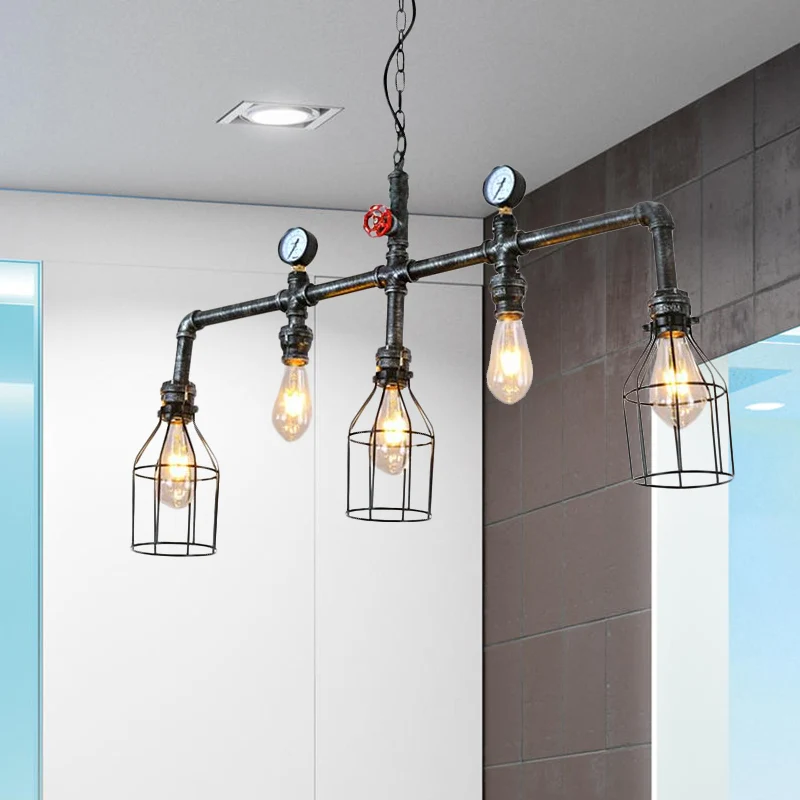 Oude zilveren eilandverlichting met 5 lampen, industriële metalen gekooide hanglamp met pijp en manometer Clearhalo