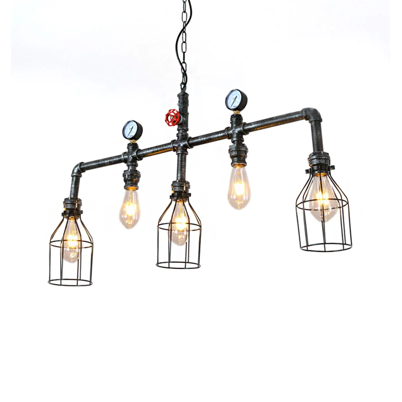 Oude zilveren eilandverlichting met 5 lampen, industriële metalen gekooide hanglamp met pijp en manometer Clearhalo