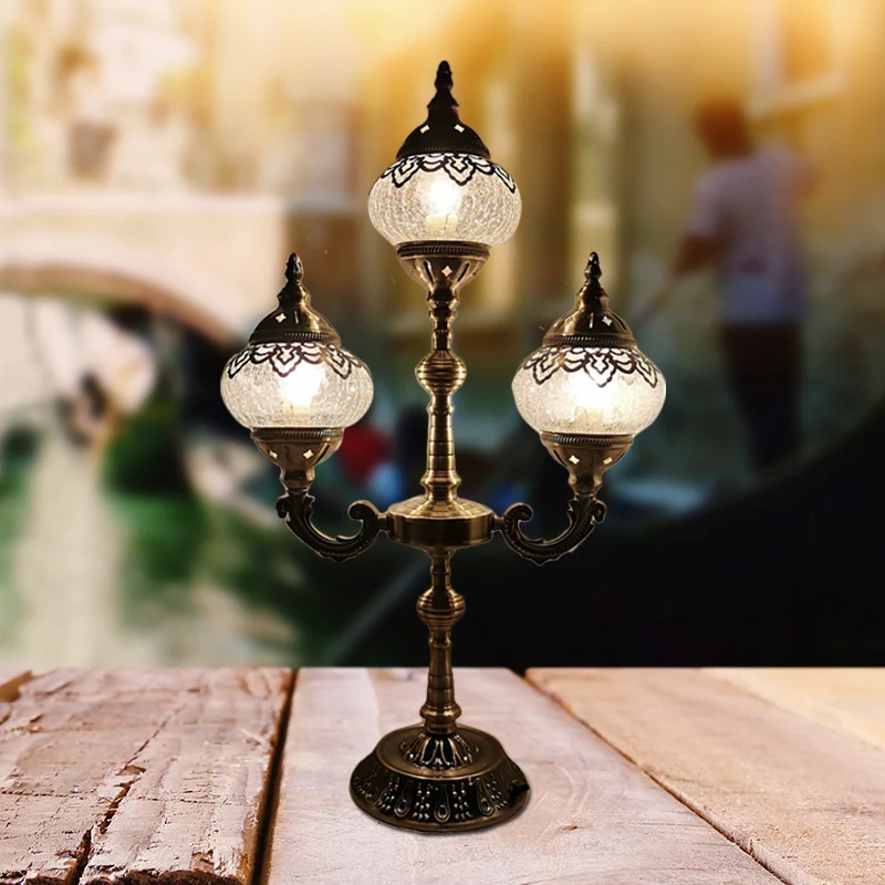Ovaal nachtkastje kleine bureaulamp Vintage Crackle Glass 1/2/3 Lichten Bronzen Nachttafellamp Clearhalo