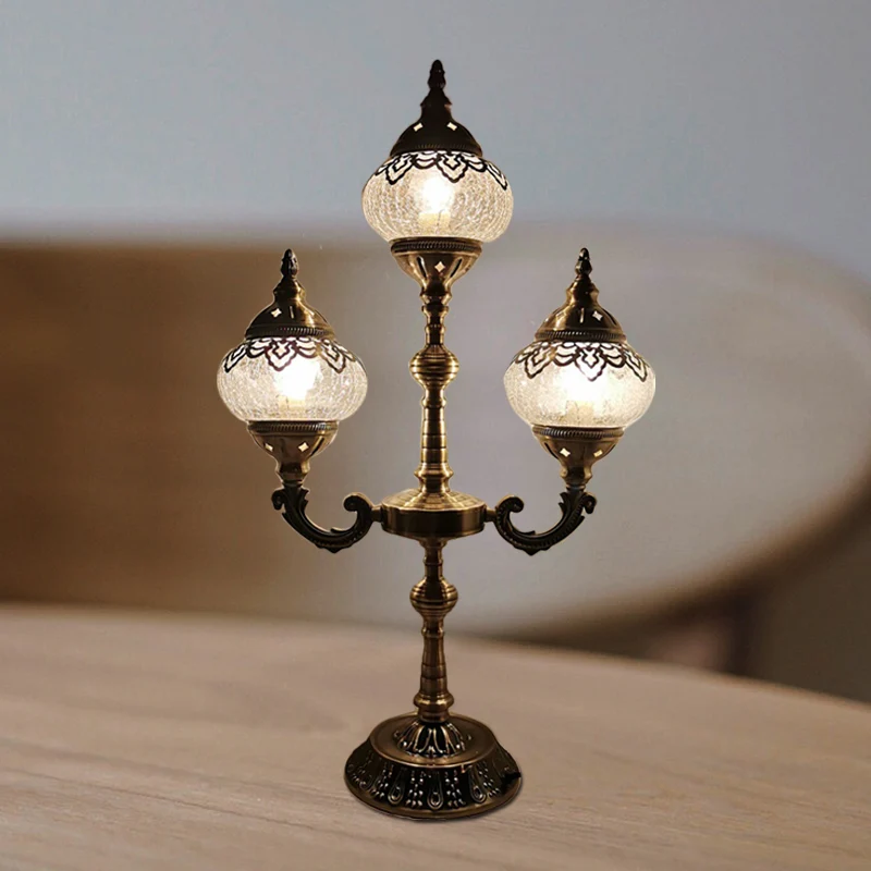 Ovaal nachtkastje kleine bureaulamp Vintage Crackle Glass 1/2/3 Lichten Bronzen Nachttafellamp Clearhalo