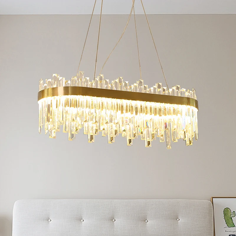 Ovale eetkamer hanglampset Driezijdige kristallen staaf Postmoderne LED-kroonluchterlicht goud Clearhalo