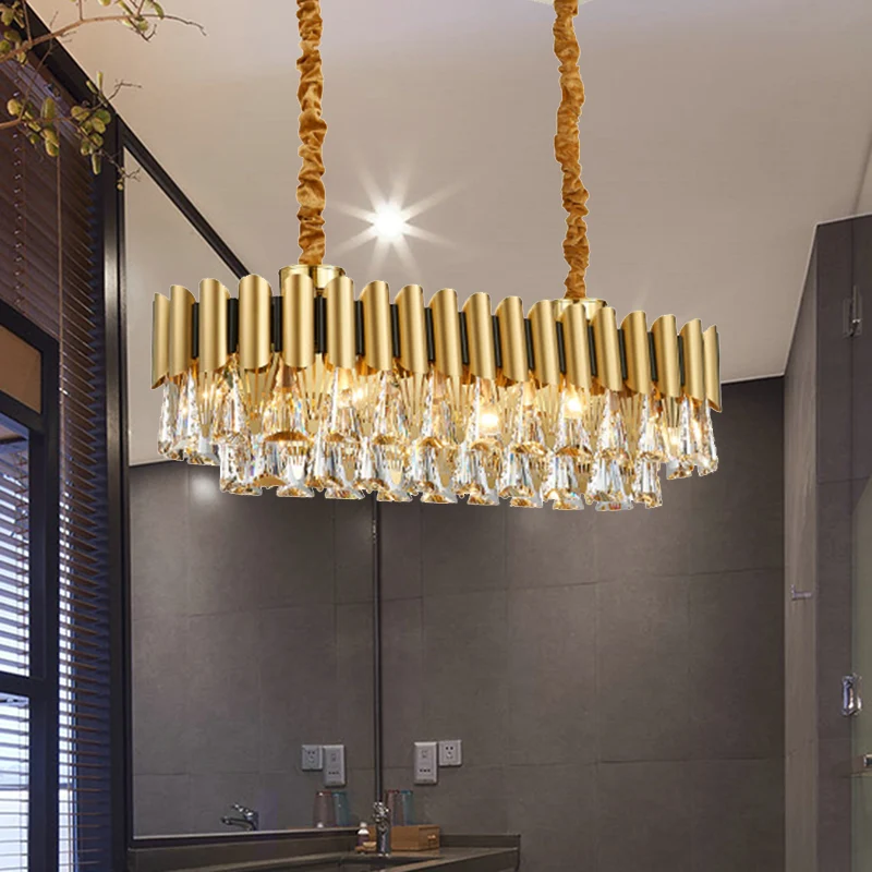 Ovale eetkamer kroonluchter verlichting traditionele driehoekige kristallen 12 koppen gouden hanglamp Clearhalo