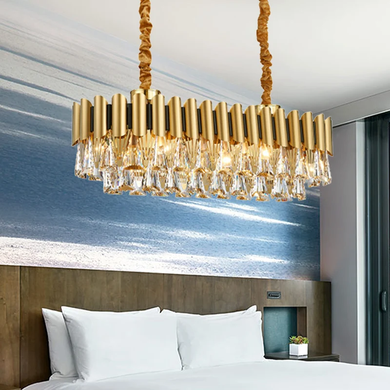 Ovale eetkamer kroonluchter verlichting traditionele driehoekige kristallen 12 koppen gouden hanglamp Clearhalo