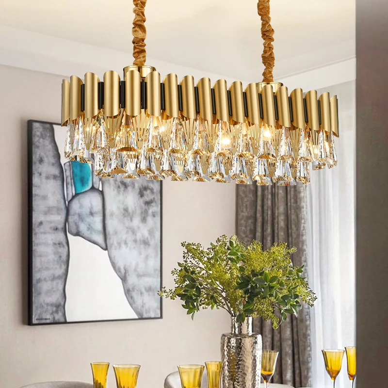 Ovale eetkamer kroonluchter verlichting traditionele driehoekige kristallen 12 koppen gouden hanglamp Clearhalo