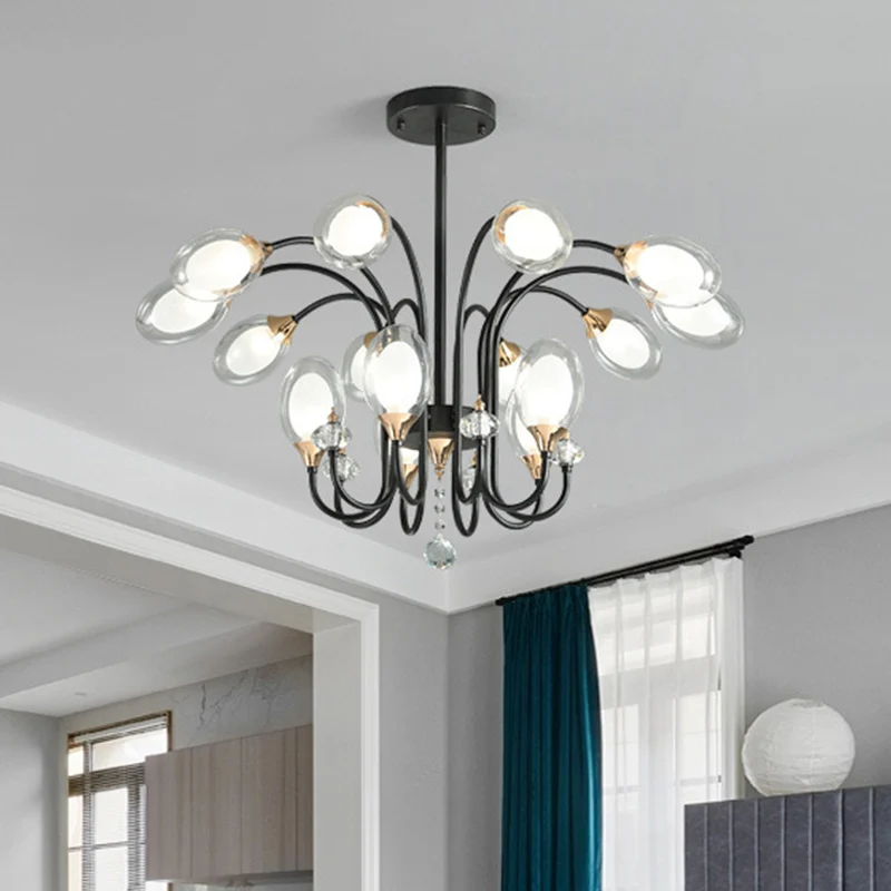 Ovale hangende kroonluchter eigentijds helder glas 9/15 lampen plafond hanglamp zwart Clearhalo