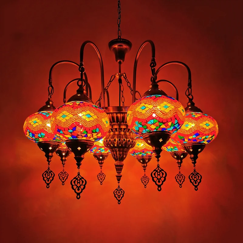 Ovale kroonluchter van gebrandschilderd glas Traditionele hanglamp met 9 koppen oranje/groen Clearhalo