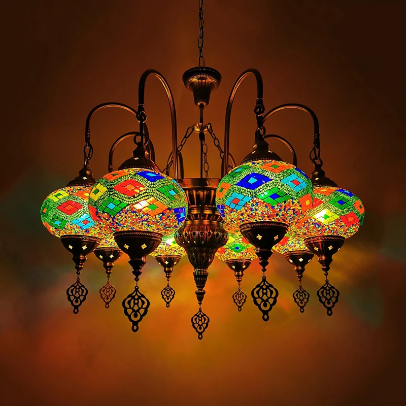Ovale kroonluchter van gebrandschilderd glas Traditionele hanglamp met 9 koppen oranje/groen Clearhalo