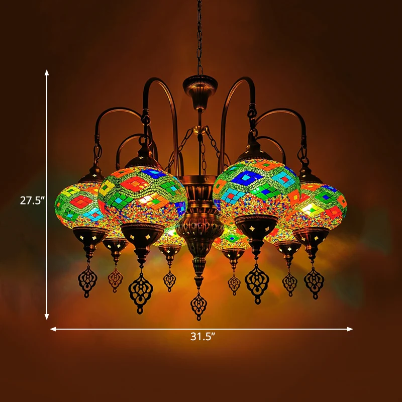 Ovale kroonluchter van gebrandschilderd glas Traditionele hanglamp met 9 koppen oranje/groen Clearhalo