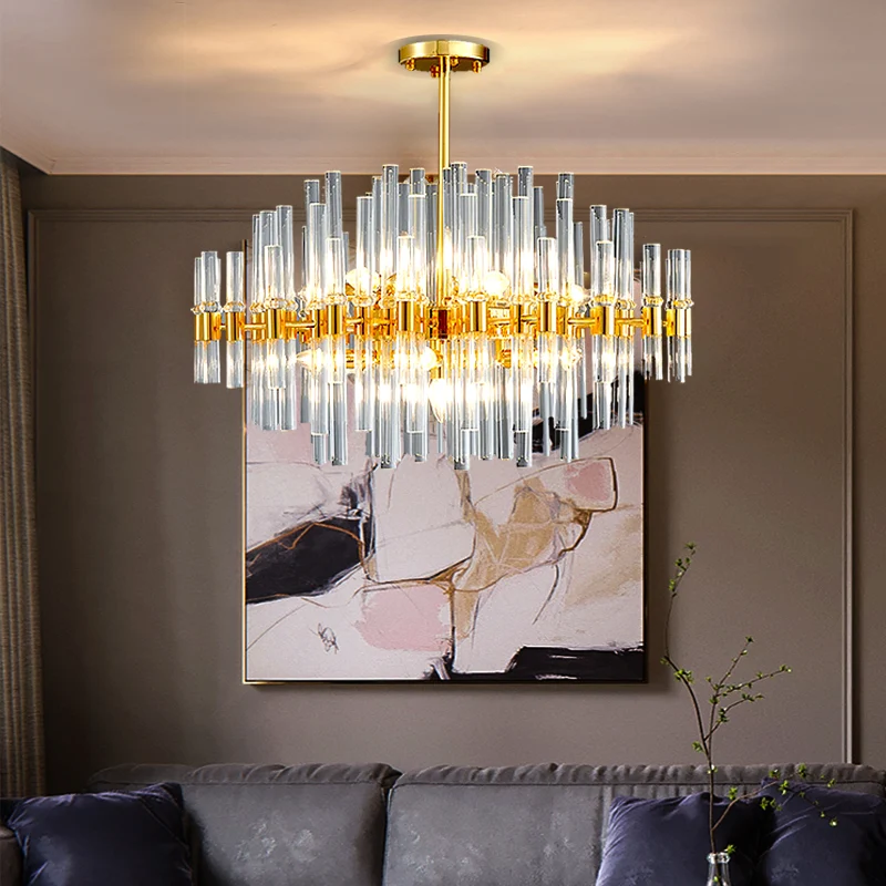 Ovale kroonluchter verlichting moderne kristallen buis 5 lampen gouden plafond hanglamp voor woonkamer Clearhalo