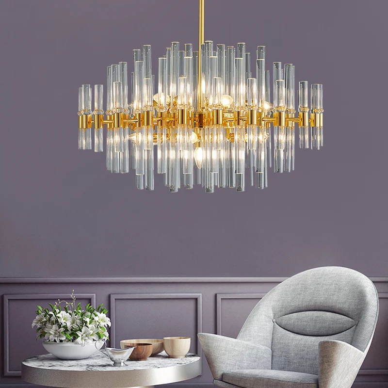 Ovale kroonluchter verlichting moderne kristallen buis 5 lampen gouden plafond hanglamp voor woonkamer Clearhalo