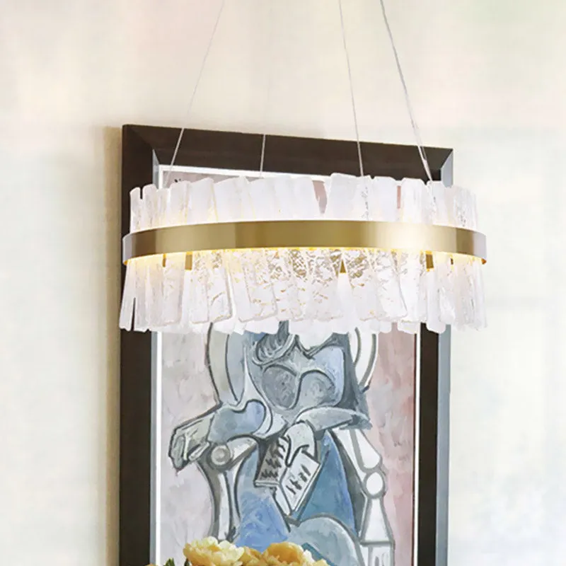 Ovale LED-kroonluchter, hedendaagse gouden getextureerde kristallen hangende hanglamp boven tafel Clearhalo